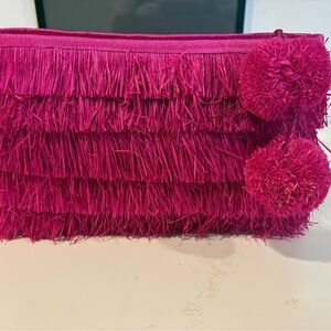 Mar Y Sol pink fringe rattan clutch